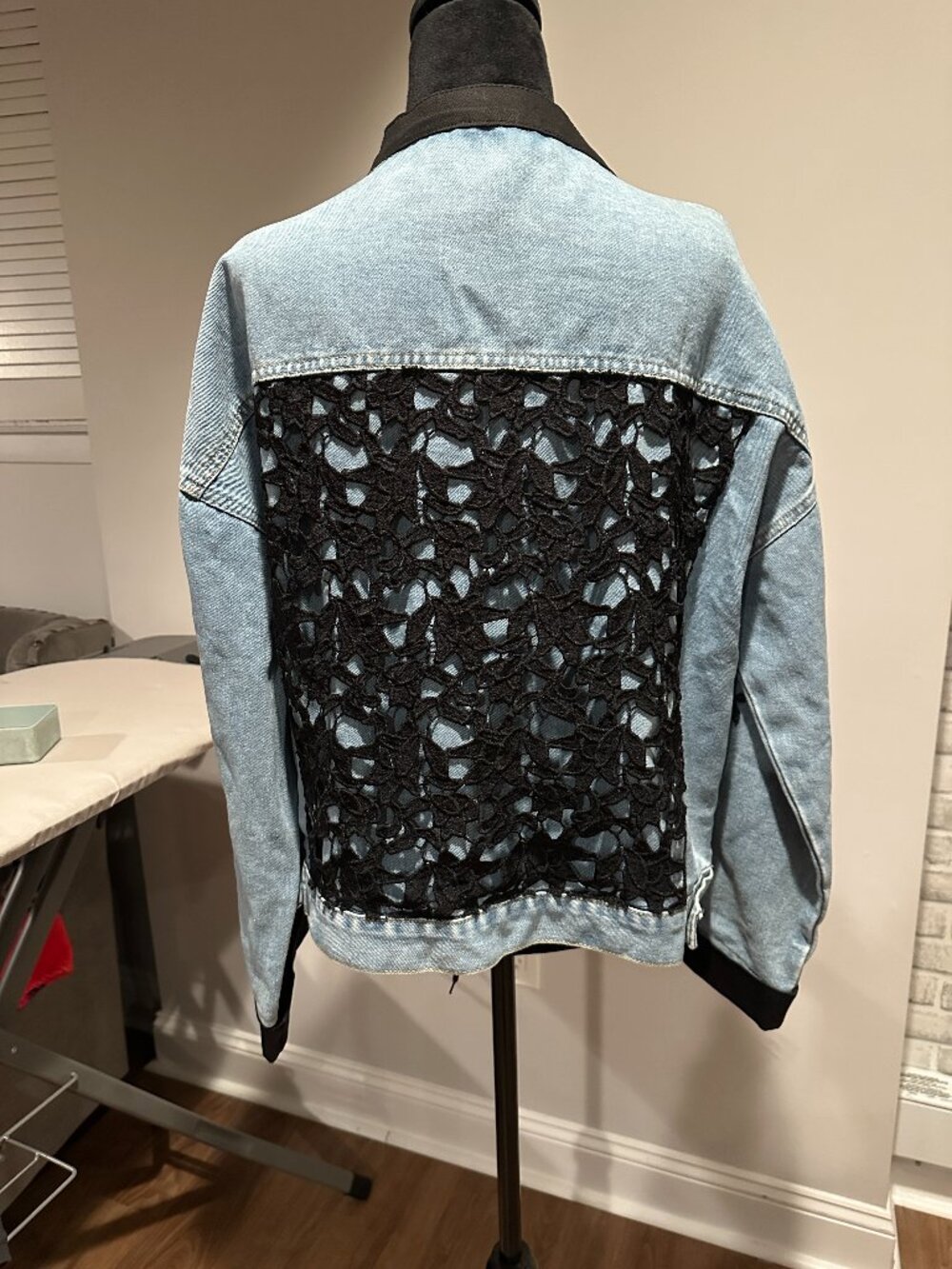 Black Crochet Lace and Blue Denim Jean Jacket with Black Embroidered Flowers